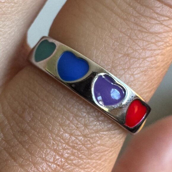 Jewelry - 925 Sterling Silver Multicolor Heart Ring | Y2K Adjustable Enamel Band